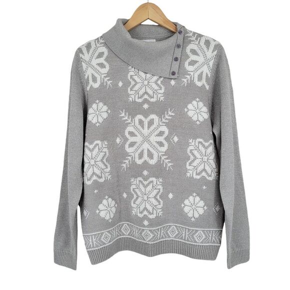 Alfred Dunner Gray Silver Fair Isle Snowflake Foldover Turtleneck Sweater - Picture 1 of 13